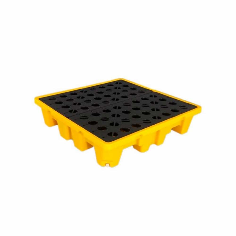 SUPER SHIELD 4 DRUM SPILL PALLET 130X130X30CM WITH DRAIN PLUG, YELLOW BASE AND BLACK PLATFORM SP-4
